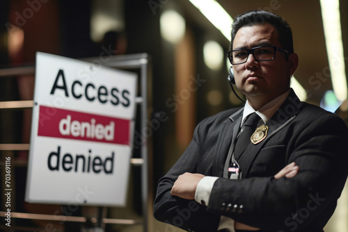 Access denied concept image with a door blocked by a security guard and sign to notify the denied access to the indoor part photo