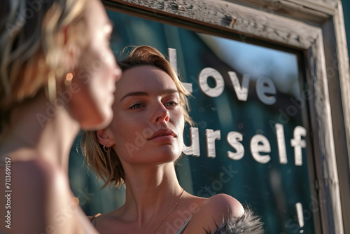 Love yourself concept image with beautiful blonde woman looking herself in the mirror and glowing sign love yourself message