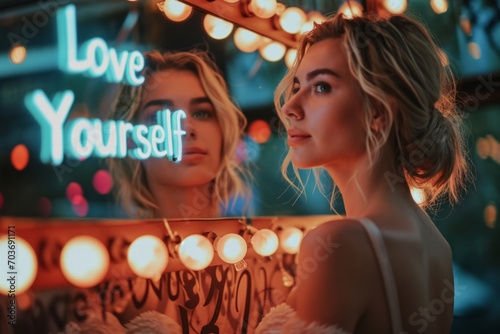 Love yourself concept image with beautiful blonde woman looking herself in the mirror and glowing sign love yourself message photo