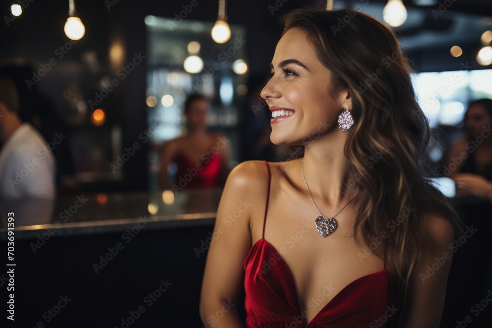 Portrait of beautiful young woman in red dress in a nightclub.