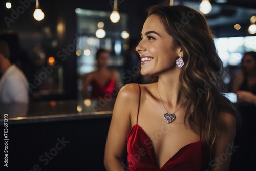 Portrait of beautiful young woman in red dress in a nightclub.