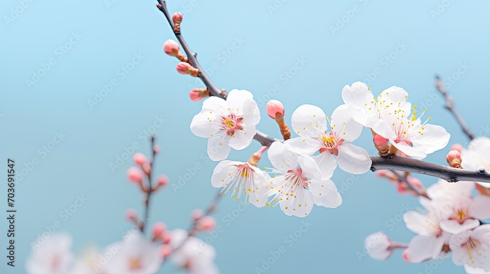 Beautiful spring flowers abstract nature background. Macro branches of blooming apricots in soft focus on a soft light blue sky background. with copy space - generative ai Beautiful spring flowers abstract nature background. Macro branches of blooming apricots in soft focus on a soft light blue sky background. with copy space - generative ai