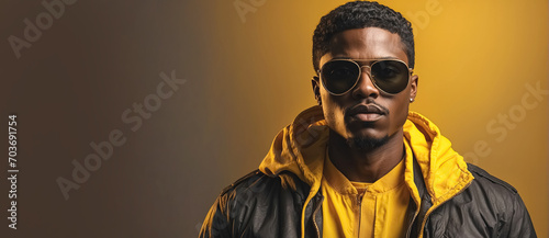 Handsome african american man in sunglasses and jacket on yellow background, panoramic layout. Generative Ai photo