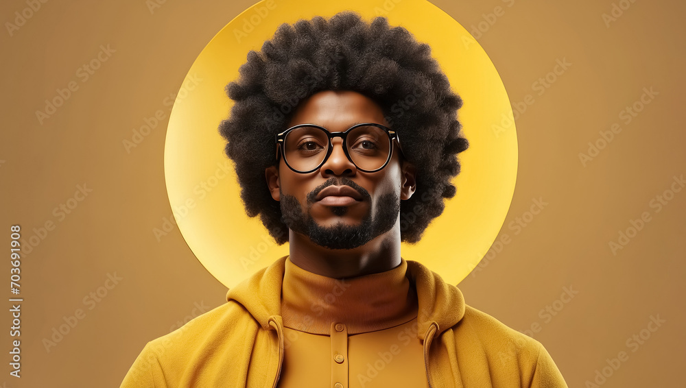 Portrait of seriously african american man in eyeglasses on yellow background. Generative Ai