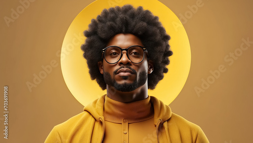 Portrait of seriously african american man in eyeglasses on yellow background. Generative Ai