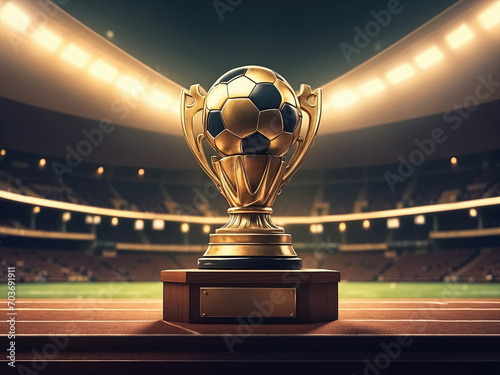 Golden soccer winners cup over soccer stadium. Generative Ai