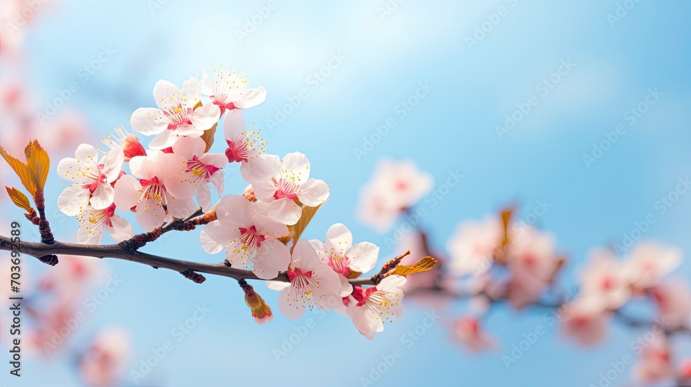 Beautiful spring flowers abstract nature background. Macro branches of blooming apricots in soft focus on a soft light blue sky background. with copy space - generative ai Beautiful spring flowers abstract nature background. Macro branches of blooming apricots in soft focus on a soft light blue sky background. with copy space - generative ai