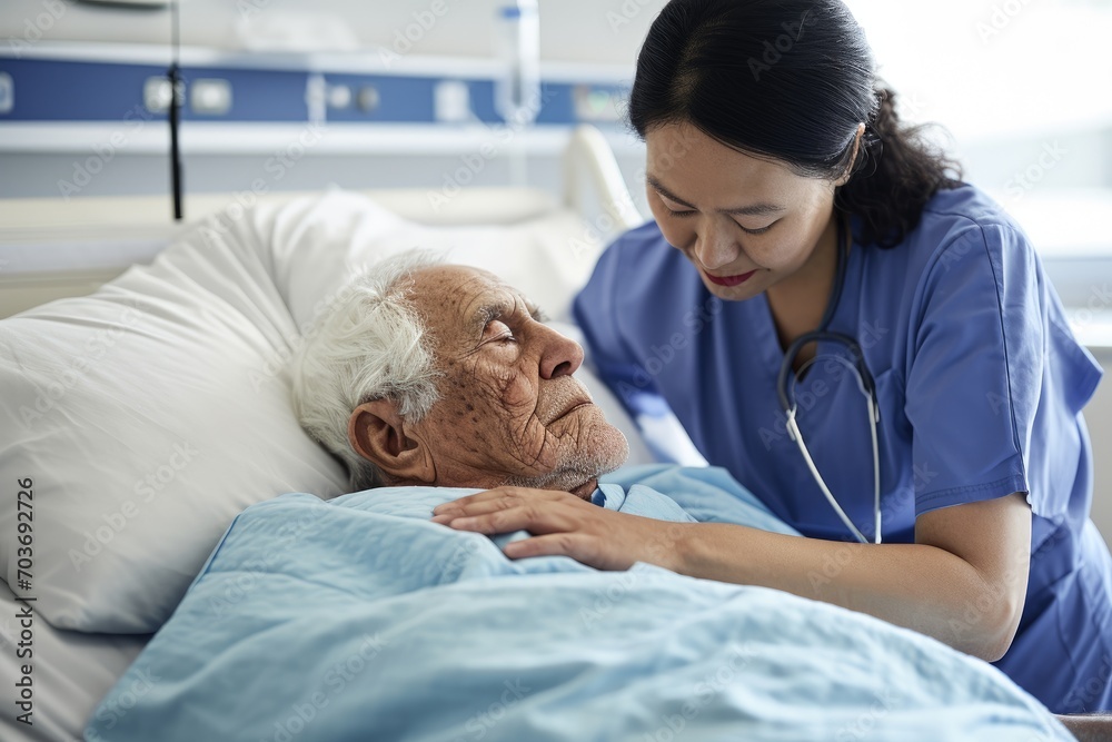 closeup of a female nurse taking care of an elderly man in a retirement home closeup of a female nurse taking care of an elderly man in a retirement home