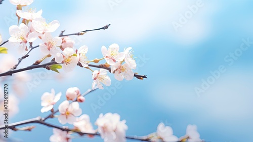 Beautiful spring flowers abstract nature background. Macro branches of blooming apricots in soft focus on a soft light blue sky background.  with copy space - generative ai