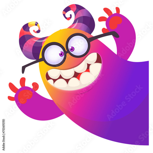 Cartoon scary monster with funny face expression waving hands . Vector illustration isolated on white. Halloween design © drawkman