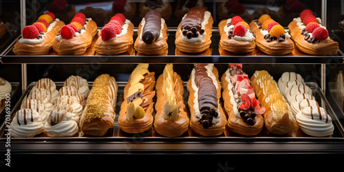 Arafies In A Bakery Display Case With Various Types Of Pastries, A tray of pastries with fruit on it, Delicious Bakery Treats Display Case & Fruit-Topped Pastries. 