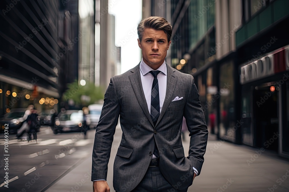 Young executive walking confidently on a city street.