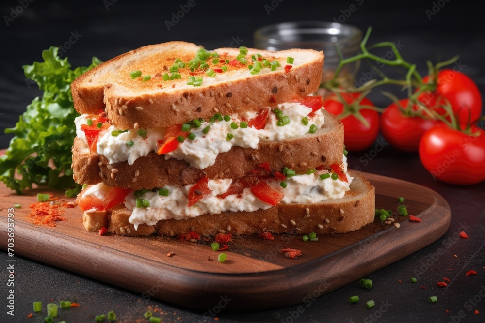 Sandwich with cream cheese and tomato.