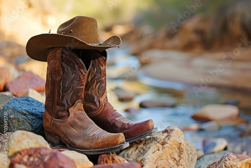 Cowboy inspiration with boots and hat by the river