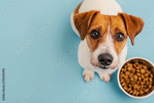 cute little dog next to a bowl of dogfood looking up at the camera photo