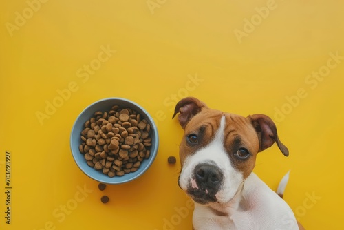 cute little dog next to a bowl of dogfood looking up at the camera photo