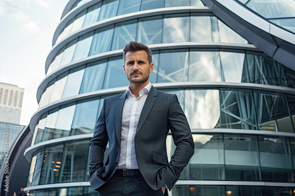 Confident businessman standing before a curved glass office building. Confident businessman standing before a curved glass office building.