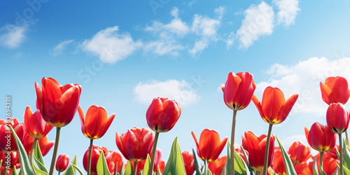 Red spring tulip flowers with blue sky in background