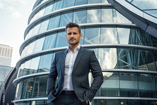 Wallpaper Mural Confident businessman standing before a curved glass office building. Torontodigital.ca