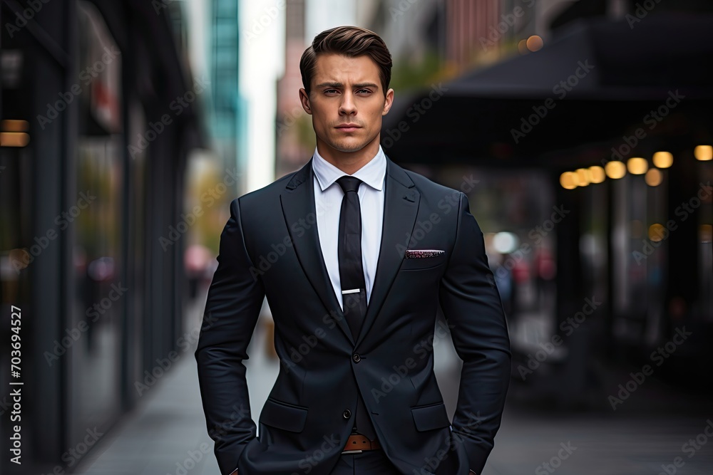 Focused businessman on busy city street, serious expression. Focused businessman on busy city street, serious expression.