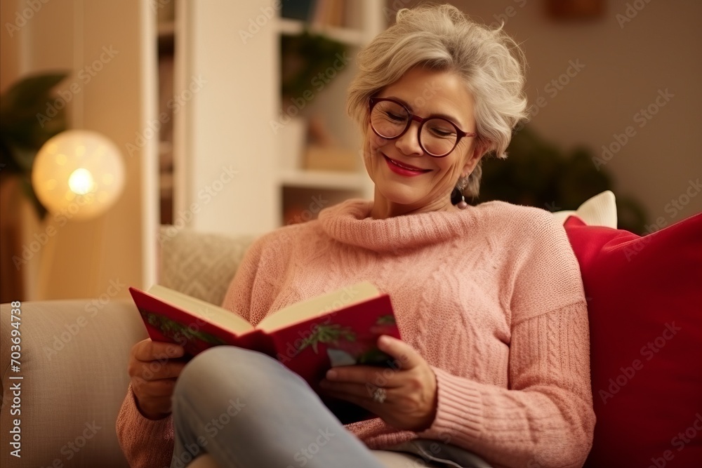 Portrait of smiling senior woman reading book while sitting on sofa at home Portrait of smiling senior woman reading book while sitting on sofa at home