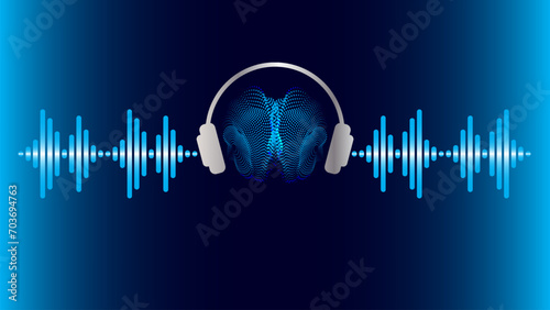 Blue neuron soundwave wallpaper. Music soundwave flows to the brain trough out the headphone photo