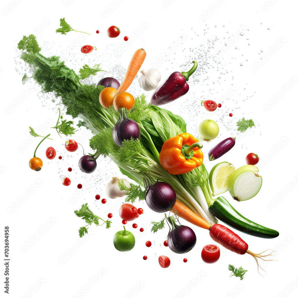 Many different fresh vegetables falling on white background