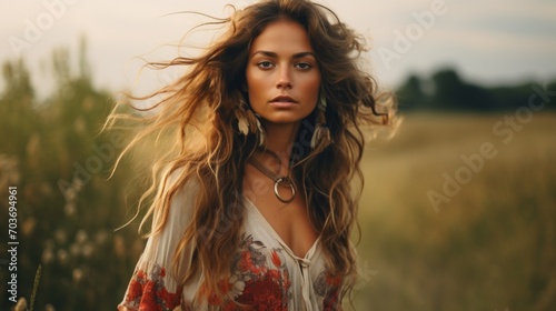 A beautiful woman with long hair looks at the camera in the background of a field with a copy space. Boho style, connection with nature, beauty, lifestyle concepts.