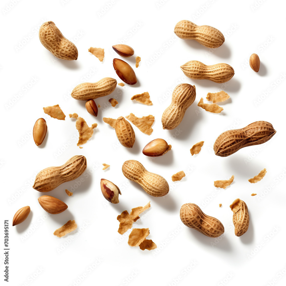 peanuts flying on the air on white background