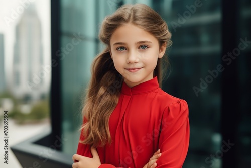 portrait of little girl in red dress on the background of skyscrapers
