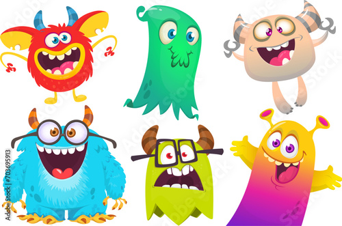 Cute cartoon Monsters. Set of cartoon monsters: goblin or troll, cyclops, ghost,  monsters and aliens. Halloween design. Vector illustration isolated (ID: 703695913)