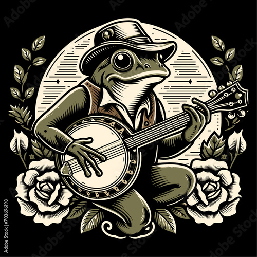 Cottagecore Aesthetic Frog Playing Banjo Guitar Vintage Illustration