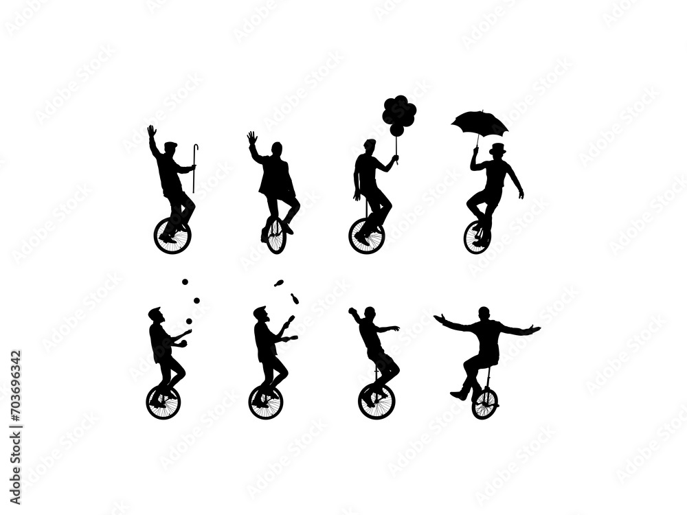 Set of Person Riding Unicycle Silhouette in various poses isolated on white background Set of Person Riding Unicycle Silhouette in various poses isolated on white background