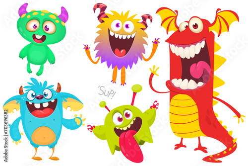 Cute cartoon Monsters. Set of cartoon monsters: goblin or troll, cyclops, ghost,  monsters and aliens. Halloween design. Vector illustration isolated (ID: 703696382)