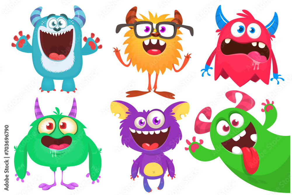 Funny cartoon monsters with different face expressions. Set of cartoon vector scary colorful monsters. Halloween design for party decoration, stickers or package Funny cartoon monsters with different face expressions. Set of cartoon vector scary colorful monsters. Halloween design for party decoration, stickers or package