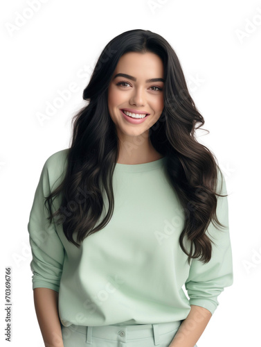 A young brunette woman with a wide smile, wearing a mint-colored tracksuit. Isolated on a transparent background. © Honey Bear