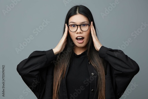 Finger woman background glasses beautiful pointing portrait asian
