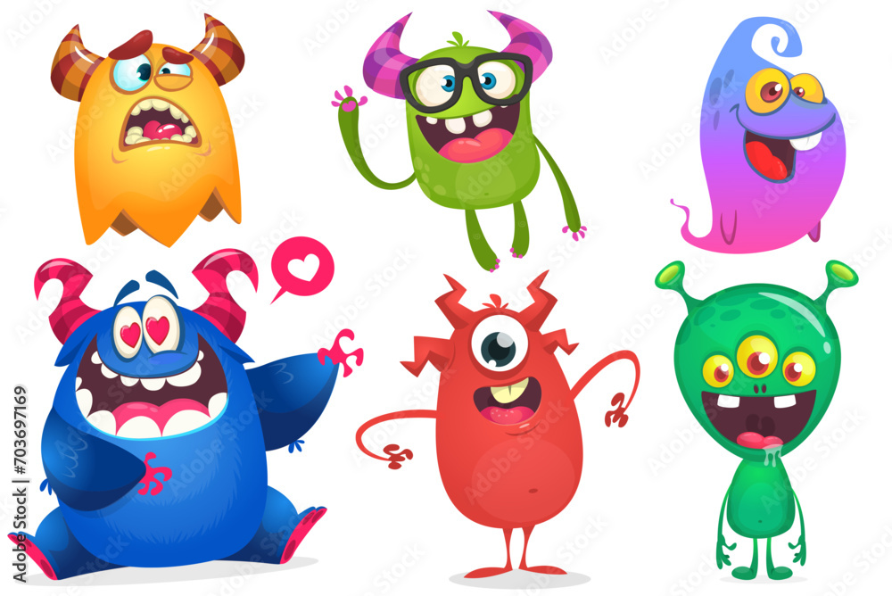 Funny cartoon monsters with different face expressions. Set of cartoon vector scary colorful monsters. Halloween design for party decoration, stickers or package