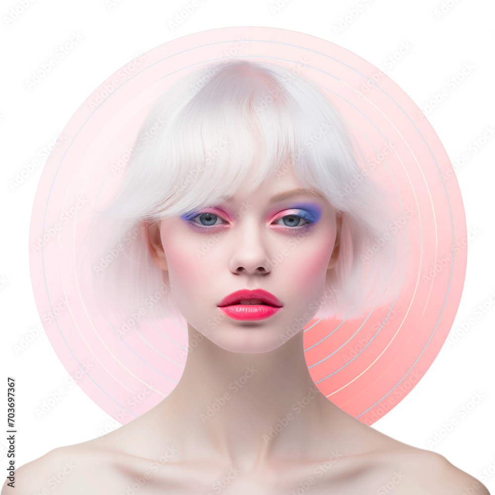Young blonde woman  with a modern hairstyle and colorful makeup on the background of a color circle. Isolated on a transparent background.