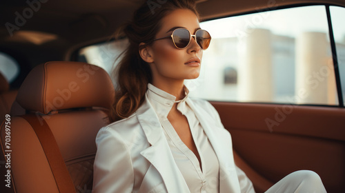 Stylish female model wearing a white trench coat and sunglasses sits in a brown luxury car, luxury style © Keitma