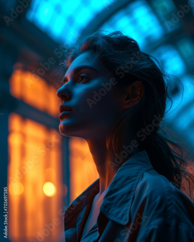 Profile view of a young woman during blue hour of twilight. Her facial features are sharply outlined, bathed in the contrasting warm glow from a window and the cool blue tones of the evening light