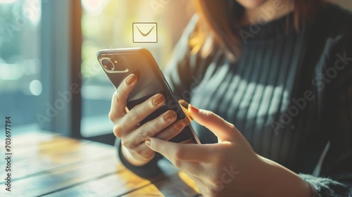 Woman hands using smartphone with 1 new email alert sign icon pop up, Female using phone for check email for work or sending text SMS short message at home, Online communication concept photo