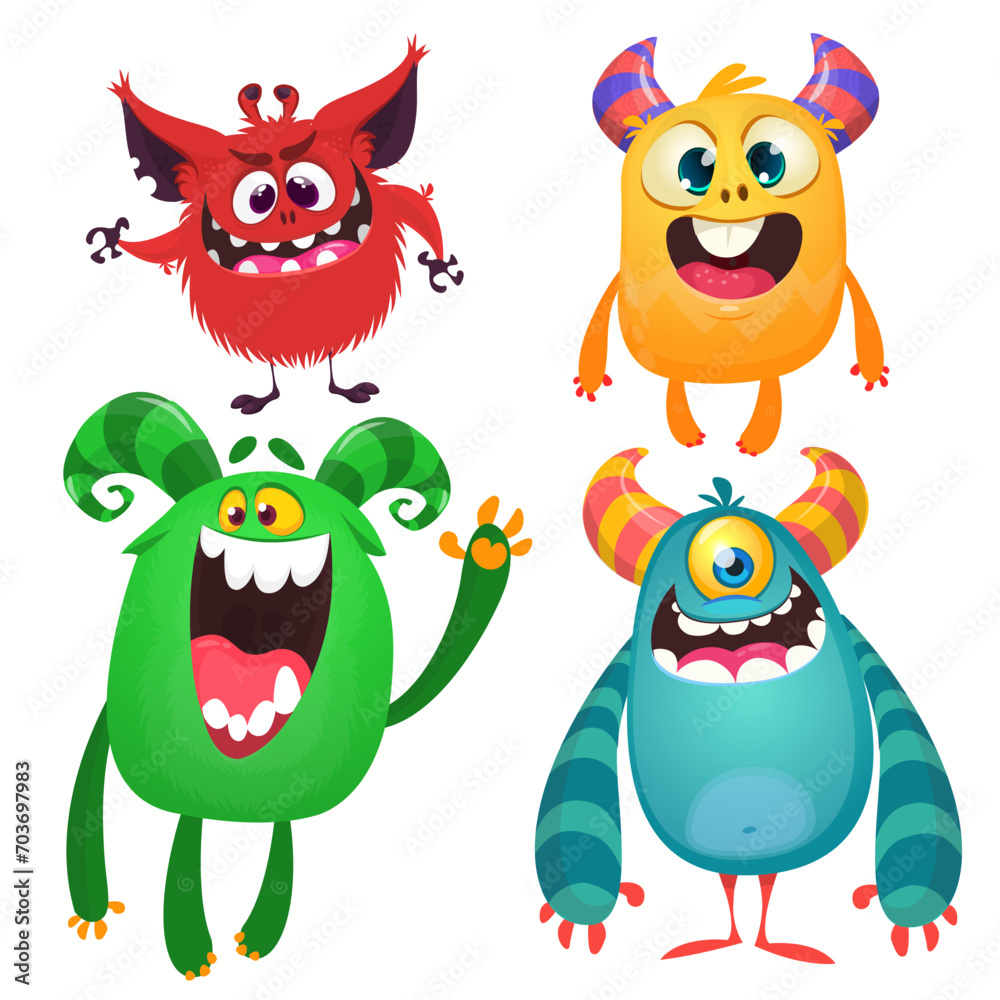 Fototapeta premium Cute cartoon Monsters. Set of cartoon monsters: goblin or troll, cyclops, ghost, monsters and aliens. Halloween design. Vector illustration isolated
