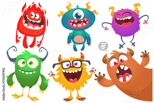 Cute cartoon Monsters. Vector set of cartoon monsters: ghost, goblin, bigfoot yeti, troll and alien. Halloween characters isolated (ID: 703697902)