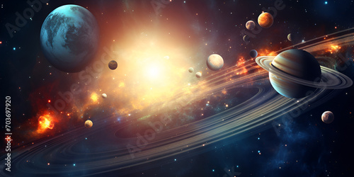 Sunrise over group of planets in space,Image showing the solar system and various space objects.planet and space,Planetary system with various planets orbiting a sun. Generative AI
