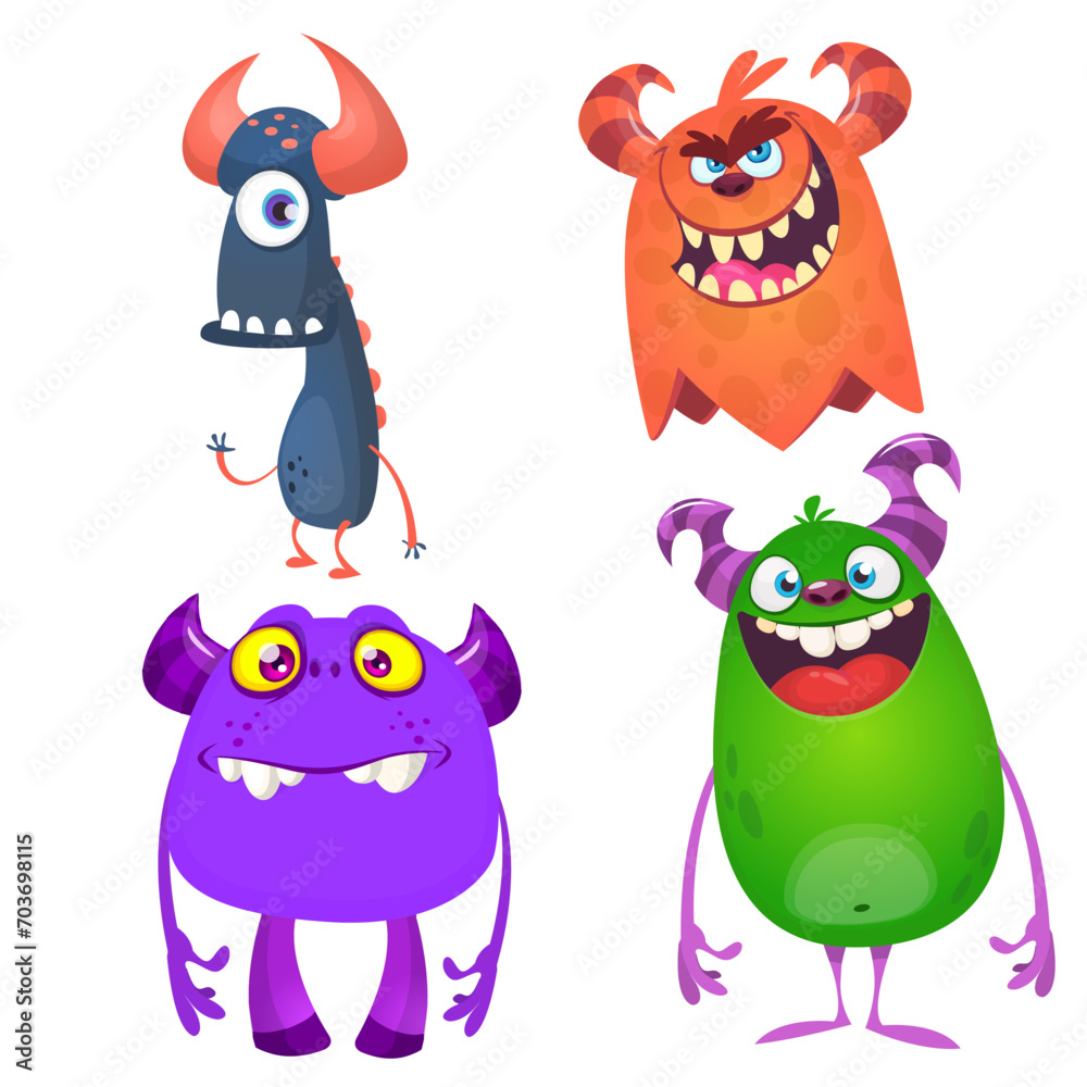 Funny cartoon monsters with different face expressions. Set of cartoon vector scary colorful monsters. Halloween design for party decoration, stickers or package Funny cartoon monsters with different face expressions. Set of cartoon vector scary colorful monsters. Halloween design for party decoration, stickers or package