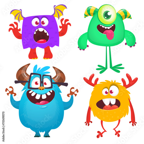 Funny cartoon monsters with different face expressions. Set of cartoon vector scary monsters. Halloween design for party decoration, stickers or package