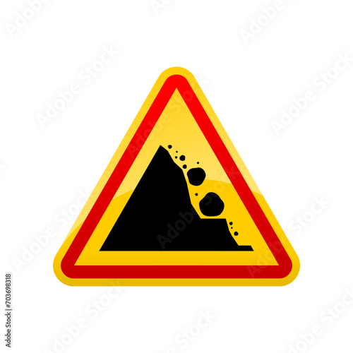 Yellow beware of rockfall mountain hill landslide natural disaster warning sign pole icon vector design