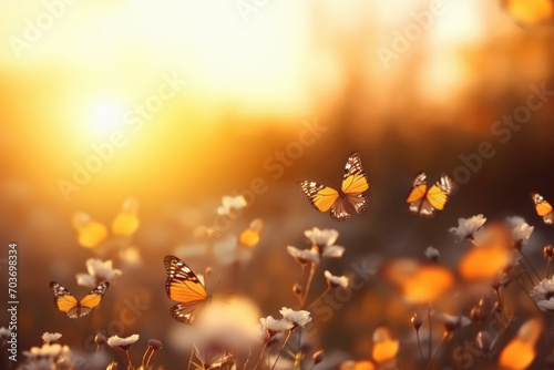 Butterflies in the blooming spring field, at sunset. Freedom, nature, calm concept.