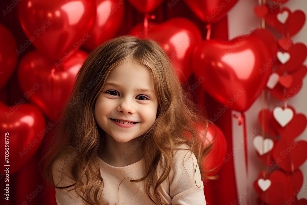 Portrait of a cute little girl with red heart-shaped balloons Portrait of a cute little girl with red heart-shaped balloons